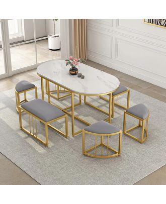 Dining Table, 7 pieces Gold *White - DT112