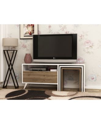 وحدة تلفزيون مع ترابيزه جانبية، ابيض/خشبي - 120سم - ra-u06