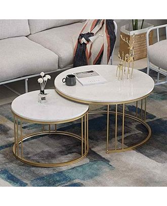 Coffee tables set, Metal*Marble, two pieces, Golden*White - S76
